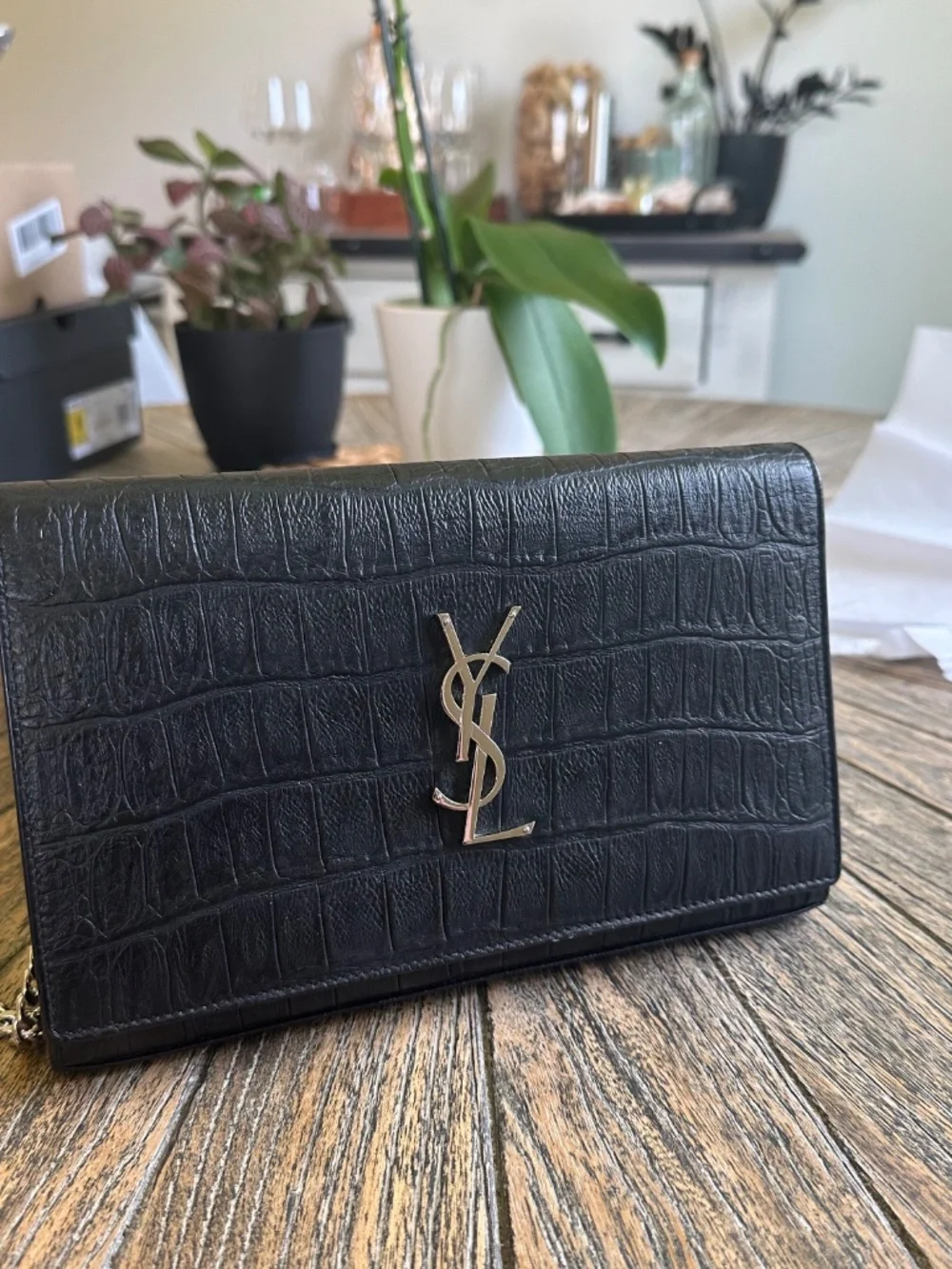 Saint Laurent YSL Monogram Croc Embossed Wallet on Chain WOC Black Leather